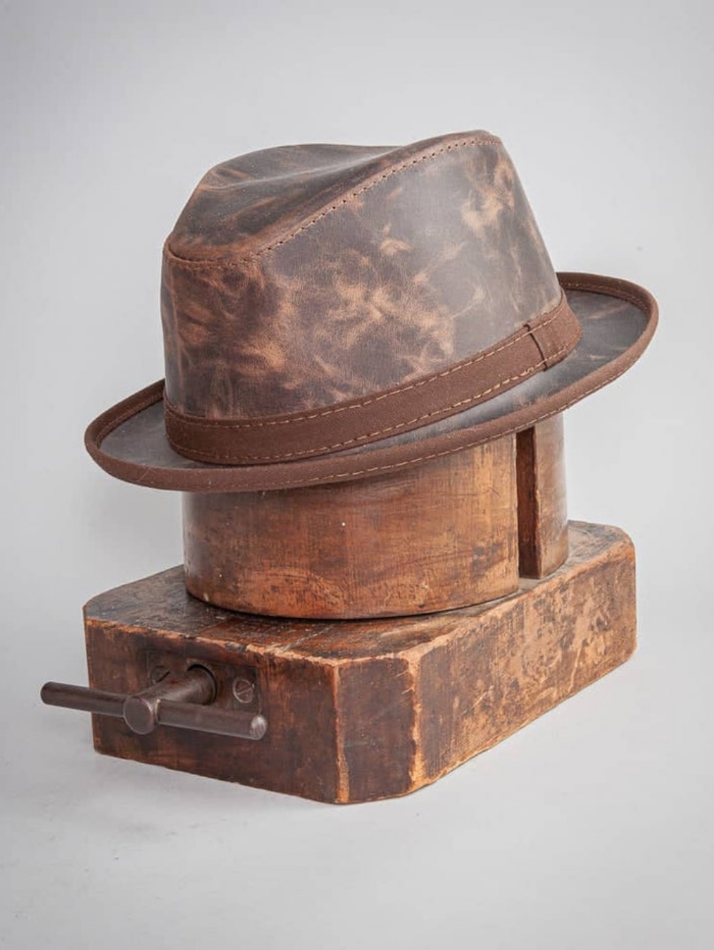 American Hat Makers Soho Leather Trilby Fedora Hat Brown Distressed USA Handmade